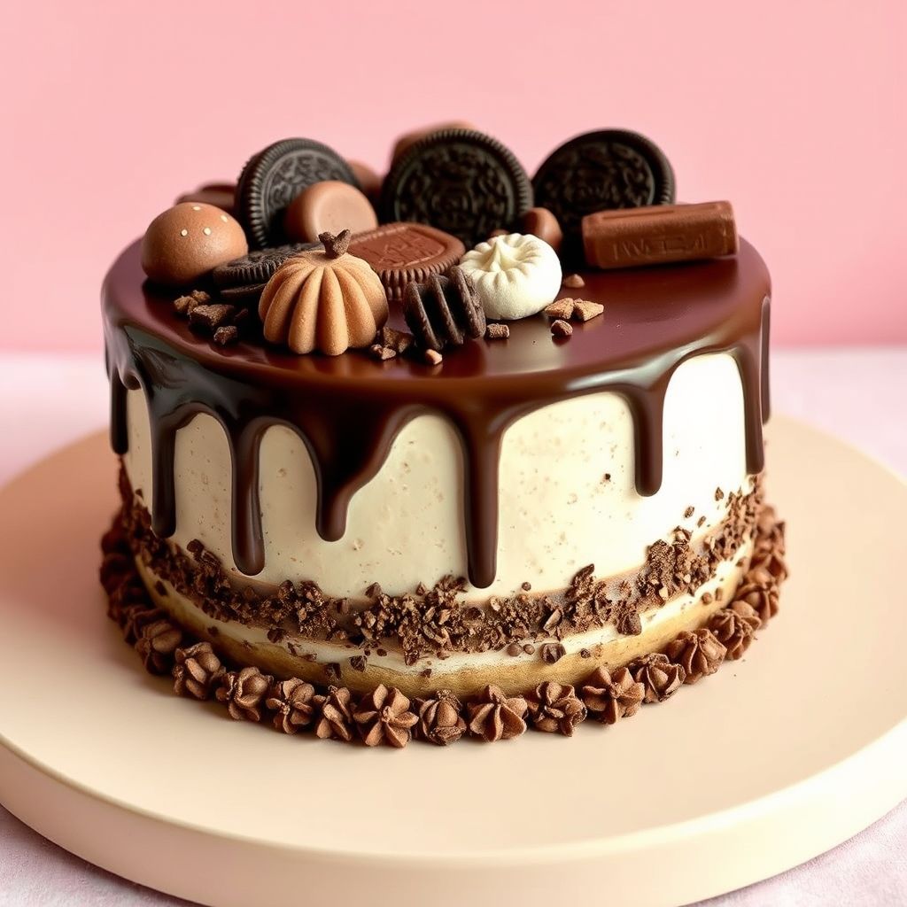 Un gâteau au chocolat luxuriant repose tentant sur une assiette beige clair, sa ganache au chocolat semi-sucrée dévalant les côtés en un effet brillant. Surmonté d'un assortiment gourmand d'éléments chocolatés, comprenant des biscuits Oreo riches, des barres de chocolat délicates et des gaufrettes au chocolat finement décorées, le gâteau offre un contraste visuel entre brun foncé et blanc crémeux. L'arrière-plan pastel rose rehausse la présentation élégante du gâteau, accentuant son allure de dessert raffiné. De petits copeaux de chocolat et confiseries rondes dispersés autour de la base ajoutent à la scène tentante, évoquant une célébration et un plaisir dans chaque détail délicieux.