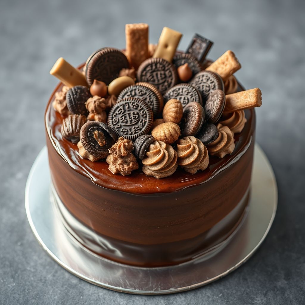 Un gâteau au chocolat décadent se présente comme la pièce maîtresse, arborant une ganache au chocolat riche et brillante qui coule délicieusement sur les côtés, contrastant magnifiquement avec son glaçage blanc lisse en dessous. Orné d'un assortiment extravagant de garnitures, y compris des biscuits Oreo, des barres de chocolat et des gaufrettes au chocolat finement décorées, la surface du gâteau est un véritable festin pour les yeux, évoquant indulgence et célébration. Des ombres douces suggèrent un éclairage tamisé, sur un fond lavande délicat qui met en valeur les détails vibrants du gâteau et invite à une ambiance chaleureuse et sucrée. La composition est joyeuse et abondante, créant une atmosphère luxueuse et tentante qui annonce les saveurs délicieuses à savourer.