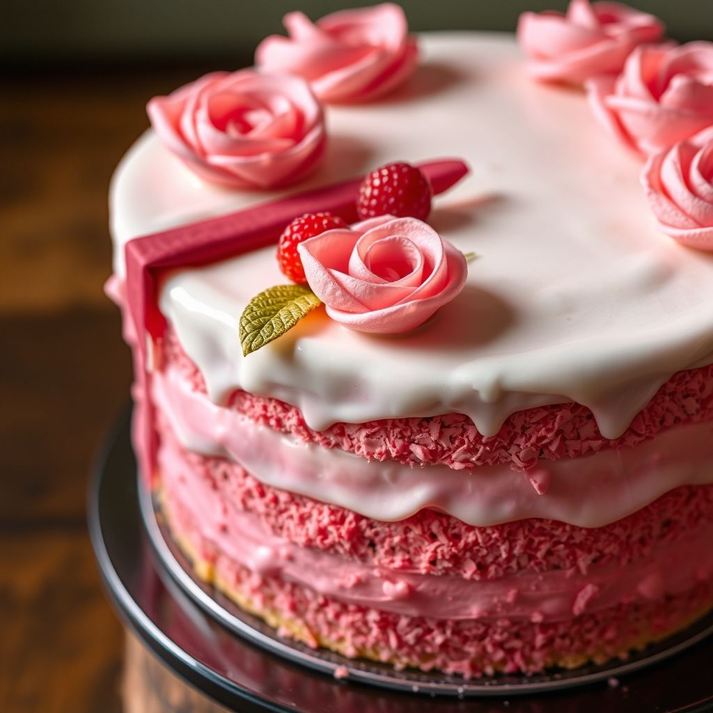 Des couches luxuriantes d'un gâteau ombré rose invitent par leur texture douce et veloutée, présentant trois nuances harmonieuses de rose, rehaussées par des tourbillons de glaçage plus clair et plus foncé. Une tranche parfaite a été délicatement retirée, révélant les couches de gâteau à la fraise, entrelacées d'un glaçage blanc crémeux qui contraste élégamment avec les couleurs vibrantes du gâteau. Le glaçage décoratif sur le dessus présente des rosettes complexes et des accents perlés, ajoutant une touche artistique à la présentation globale. Posé sur une assiette beige douce, le gâteau est accompagné d'un tissu rose pastel, créant une atmosphère chaleureuse et invitante qui suggère une occasion de fête. L'image rayonne une sensation douce et joyeuse, idéale pour une réunion spéciale ou une pause gourmande l'après-midi.
