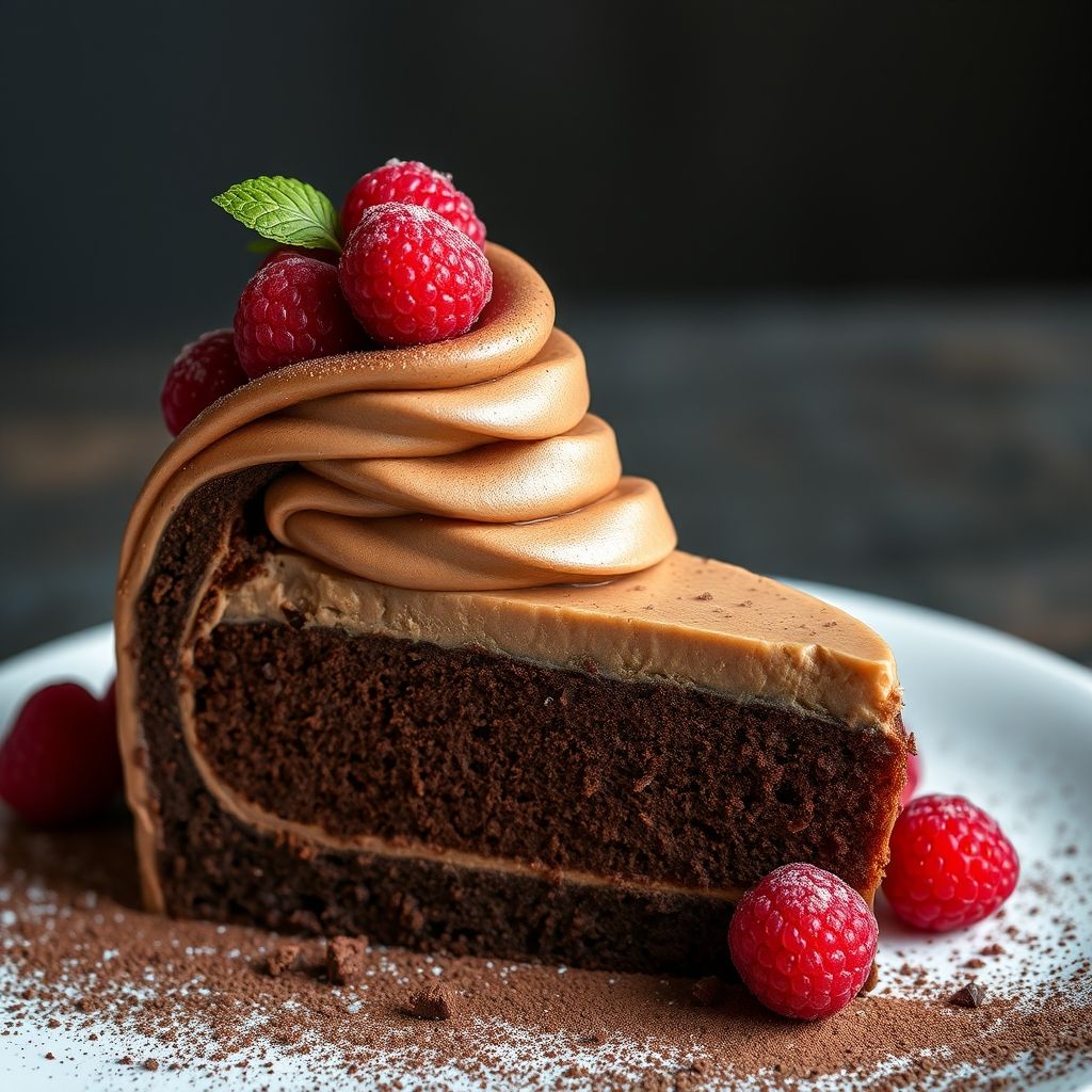 Des couches décadentes de gâteau au chocolat et de mousse prennent vie dans cette tranche délicieuse, surmontée d'une généreuse spirale de crème fouettée et de framboises fraîches. La base riche en cacao sombre contraste magnifiquement avec les textures légères et aériennes au-dessus, tandis que les framboises rouges vibrantes ajoutent une touche d'acidité et de couleur. Une pluie brillante de copeaux de chocolat complète l'ensemble, invitant à la gourmandise. Le décor présente une couverture douce et texturée aux tons neutres, avec des touches de verdure en arrière-plan flou, renforçant l'atmosphère cosy et accueillante. La composition générale dégage chaleur, parfaite pour toute occasion sucrée.