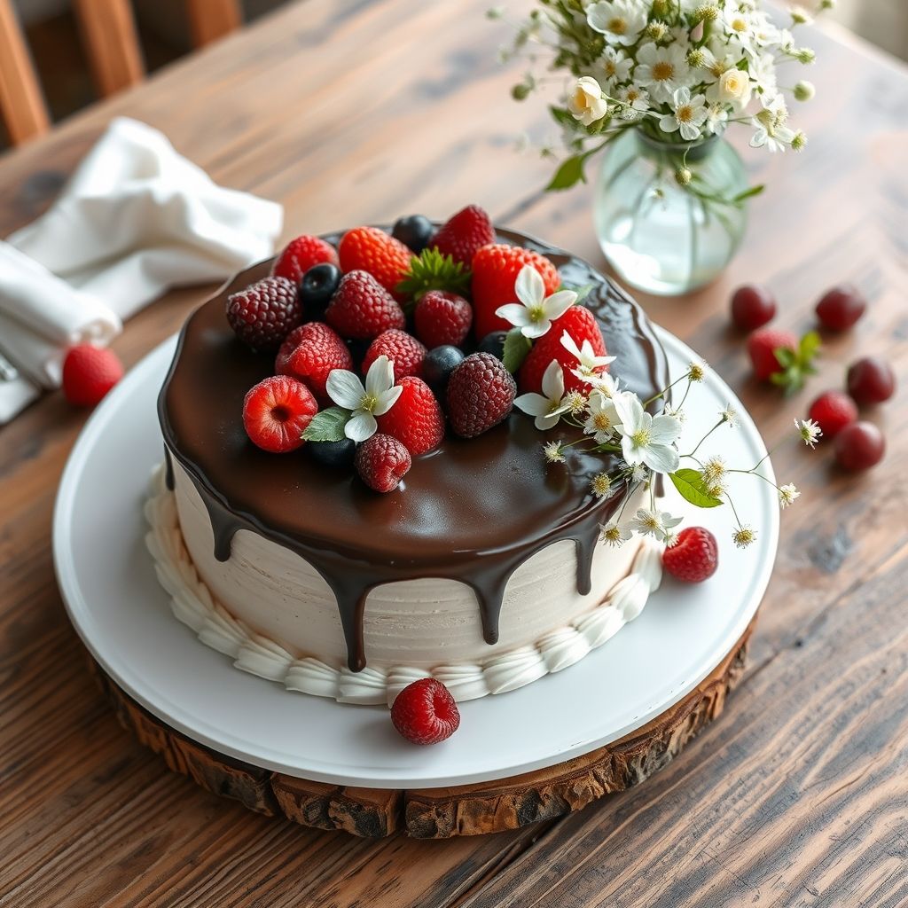 Un délicieux gâteau au chocolat à trois couches occupe le centre, orné d'un assortiment vibrant de baies fraîches, dont fraises, framboises, myrtilles et mûres, nichées sur un glaçage au chocolat riche et crémeux. Le gâteau repose sur une assiette blanche simple, élégamment posée sur une table en bois rustique qui ajoute de la chaleur à l'ensemble. À proximité, un vase en verre transparent déborde de délicates fleurs blanches et de feuilles vertes fraîches, rehaussant la fraîcheur et l'ambiance printanière de la composition. Une tasse blanche, probablement remplie d'une boisson chaude, apporte une touche de confort, tandis que la lumière naturelle douce baigne la scène, évoquant une ambiance de fête et de gourmandise.
