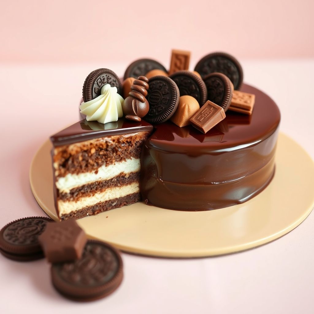Un gâteau au chocolat luxuriant repose tentant sur une assiette beige clair, sa ganache au chocolat semi-sucrée dévalant les côtés en un effet brillant. Surmonté d'un assortiment gourmand d'éléments chocolatés, comprenant des biscuits Oreo riches, des barres de chocolat délicates et des gaufrettes au chocolat finement décorées, le gâteau offre un contraste visuel entre brun foncé et blanc crémeux. L'arrière-plan pastel rose rehausse la présentation élégante du gâteau, accentuant son allure de dessert raffiné. De petits copeaux de chocolat et confiseries rondes dispersés autour de la base ajoutent à la scène tentante, évoquant une célébration et un plaisir dans chaque détail délicieux.